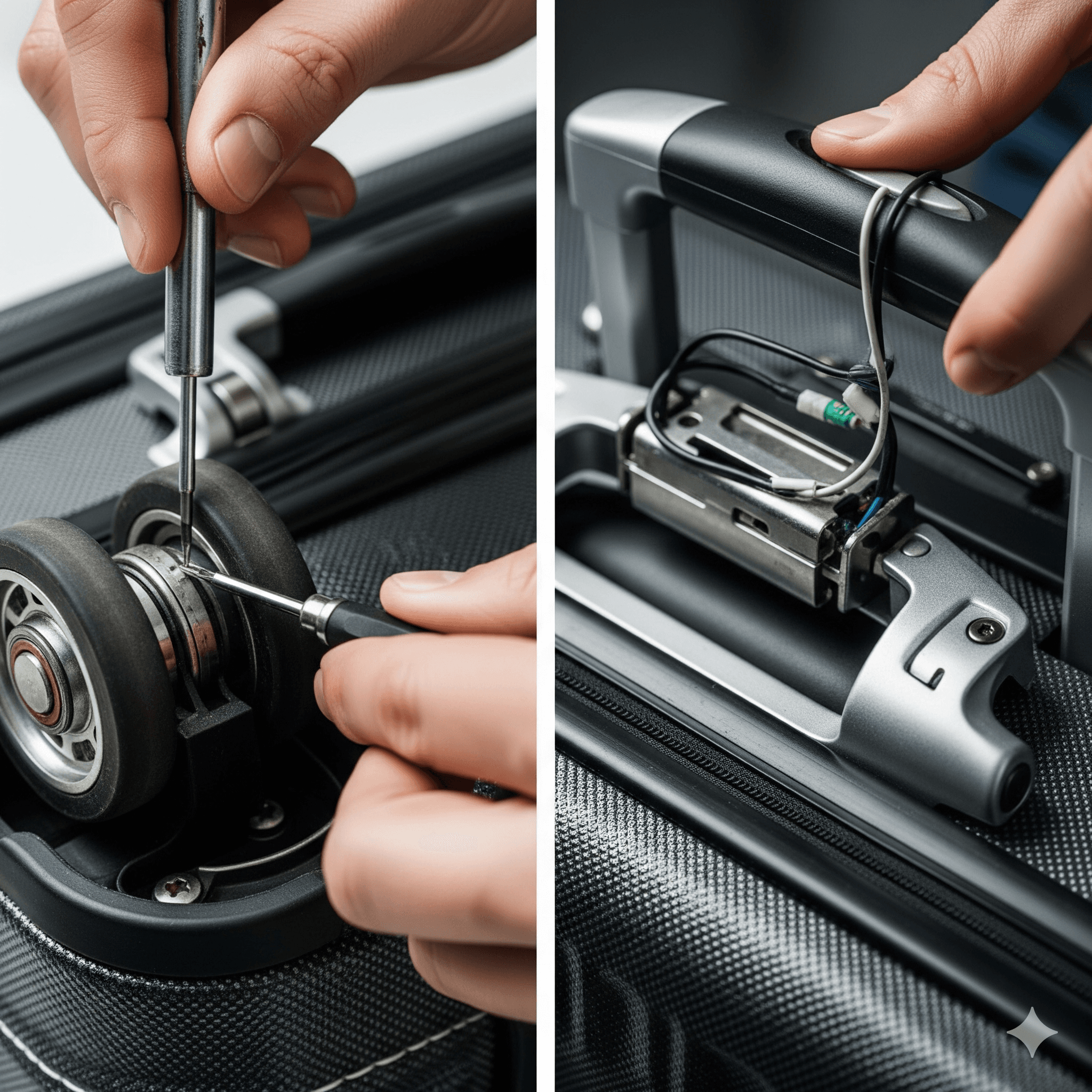 Close up of suitcase wheels and handle repair